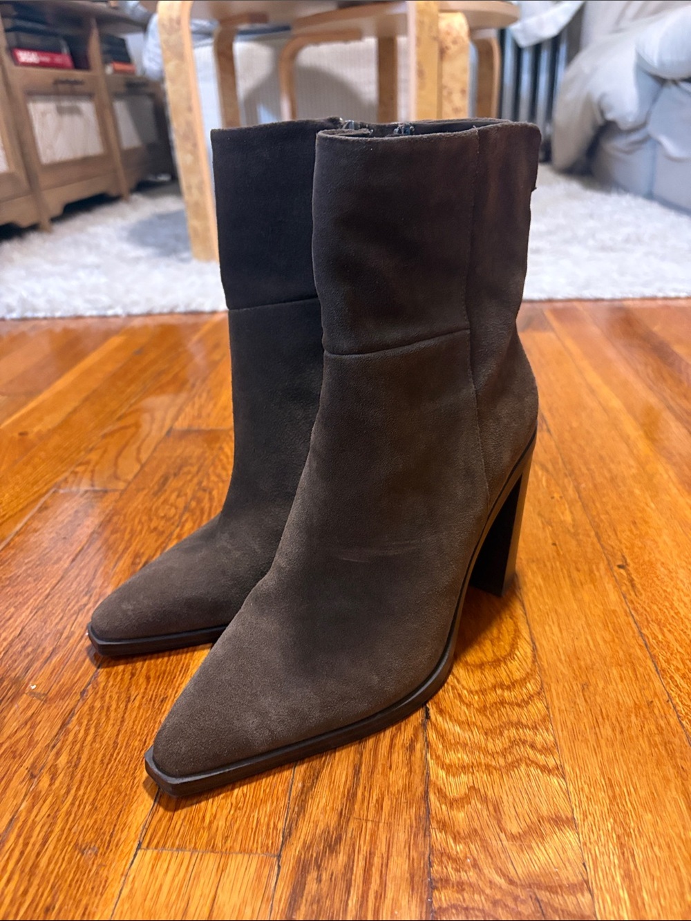 Steve Madden Dark Brown Suede Pointed Toe Block Heel Ankle Boots